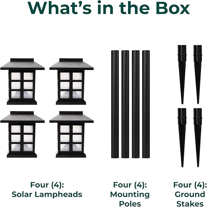 TECHKO Solar Classic Lantern Garden Pathway Lights – Dusk-to-Dawn, Weather-Resistant Outdoor LED Lighting (4-Pack)