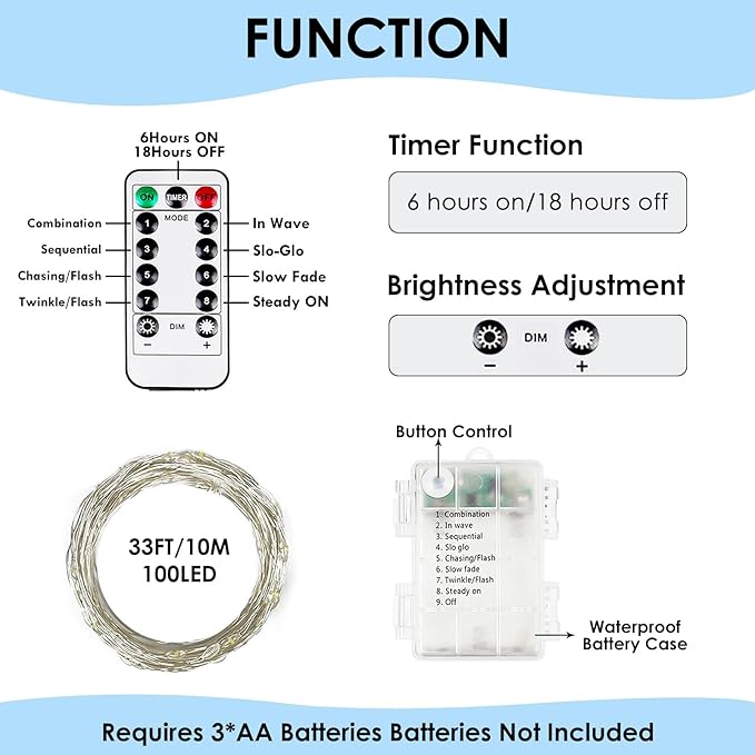 33FT 100LED Fairy Lights Battery Operated with Remote, Waterproof String Lights with Timer for Indoor & Outdoor, Twinkle Light Battery Powered Bedroom Wedding Christmas Decorations (Cool White)