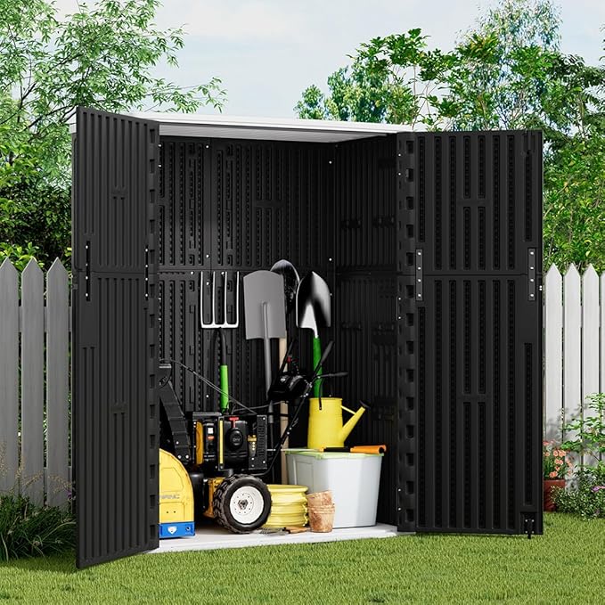 KINYING Outdoor Storage Shed,57 Cu.ft Vertical Outdoor Storage Cabinet Waterproof, Outdoor Resin Tool Shed for Patio Furniture, Garden Tools, Pool Accessories, Lawn Mower(Black Color)