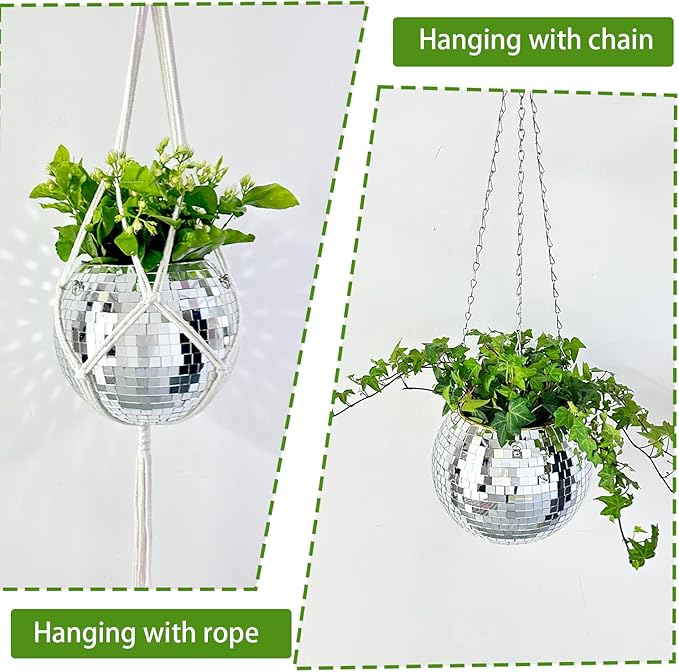 Disco Ball Planter, 2 Pack 8" Disco Planter with Hanging Rope, Hanging Chain & Hook & Ring Stand, Disco Ball Plant Hangers for Indoor and Outdoor Plants (Silver, 8"+8")