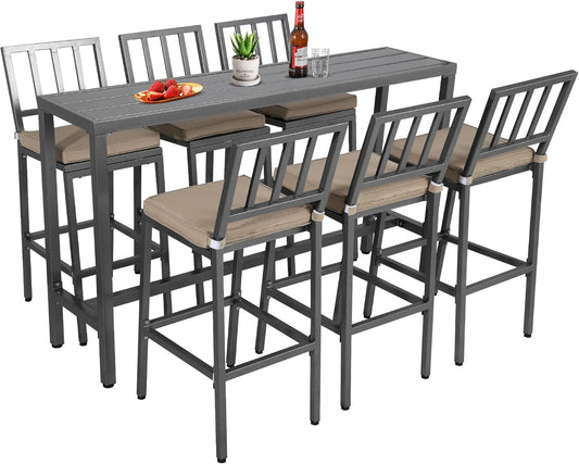 Outdoor Patio Bar Set, Bar Height Patio Dining Set, Weather-Resistant Bistro Counter Pub Set with Cushions & Slatted Tabletop for Backyard (Gray, 63" Table, 6 "I Style Stool)