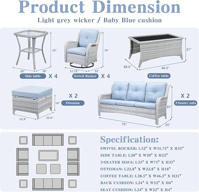 Wicker Patio Furniture Sets - 13 Piece Outdoor Rattan Furniture Conversation Sets with 4 Swivel Rocker Chairs, 2 Rattan Sofas, Wicker Ottomans and Coffee Table, Light Grey/Baby Blue