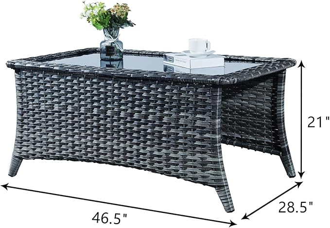 Patio Tables Wicker Coffee Table - Outdoor Rattan Coffee Tables with Glass Top for Patio Proch Deck Balcony Rectangle Mixed Grey