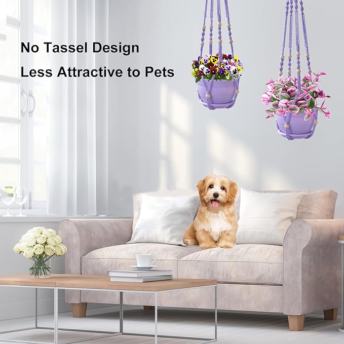 Macrame Plant Hanger with Pot, 3 Set Hanging Planters for Indoor Plants, Handmade Cotton Rope Boho Home Decor, Idea Gift for Anyone, Includes Plant Holders, Pots, Plates and Hooks (Purple)