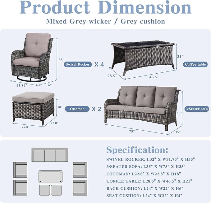 Wicker Patio Furniture Sets - 8 Piece Outdoor Rattan Furniture Conversation Sets with 4 Swivel Rocker Chairs, Rattan Sofa, Wicker Ottomans and Coffee Table, Mixed Grey/Grey