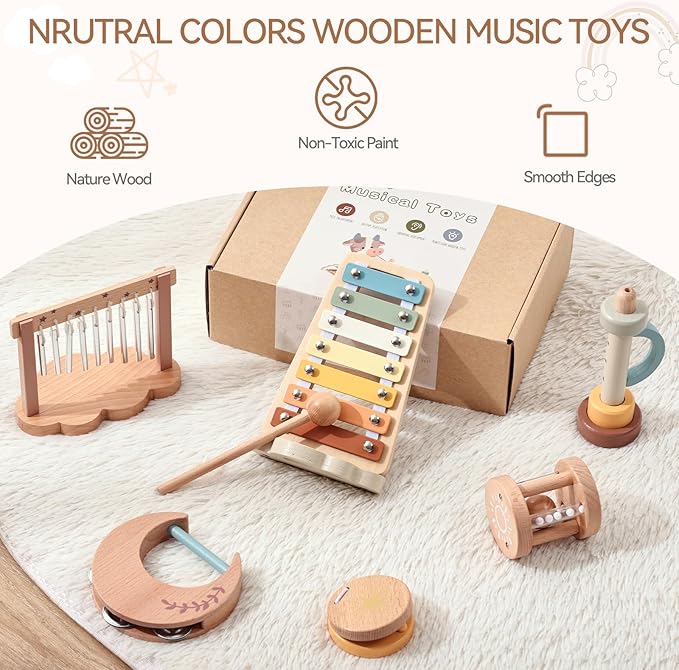 Promise Babe Wooden Xylophone Musical Instrument Sets Toy for Kids, Rattle Bell Montessori Cloud Toddler Music Percussion Toys, Christmas Birthday Gifts for Boys Girls 3 Year+