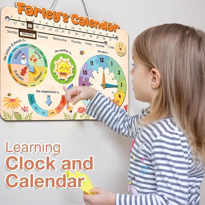 Interactive Calendar for Kids Ages 3+, Wooden Toddler Calendar, Teaching Seasons, Years, Months, Days of Week, Daily Activity Calendars for Kid Preschool & Homeschool (03 - Custom Name)