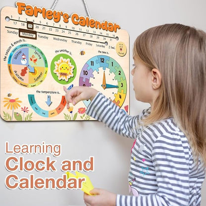 Interactive Calendar for Kids Ages 3+, Wooden Toddler Calendar, Teaching Seasons, Years, Months, Days of Week, Daily Activity Calendars for Kid Preschool & Homeschool (03 - Custom Name)
