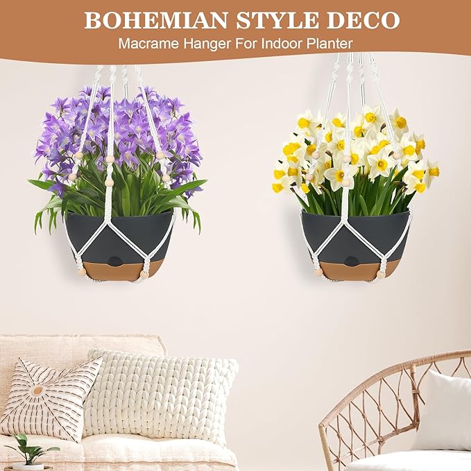 3 Pack Hanging Planters Set, 10 + 10 + 8 Inch Self-Watering Hanging Plant Pot, Macrame Plant Hanger with Pot, Ceiling Hooks, Removable Saucer and Drainage Holes for Indoor, Outdoor Plants - Black