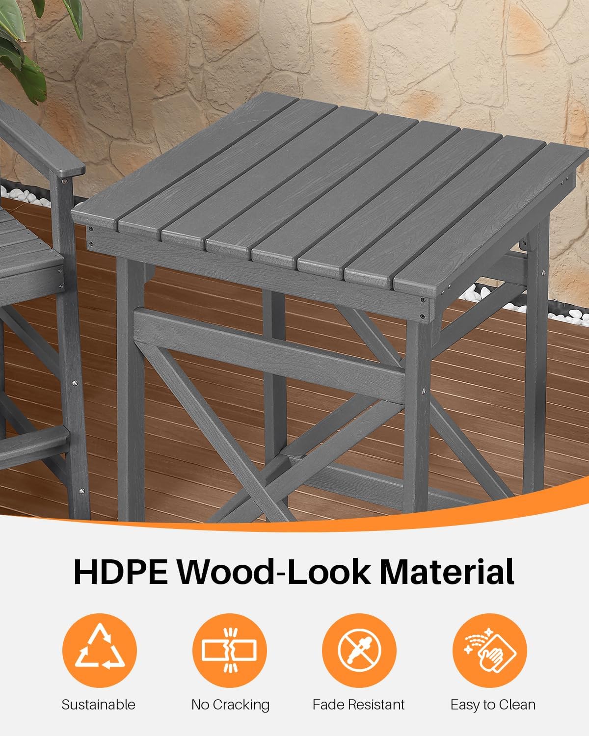 HDPE Outdoor Bar Table, 41" Adirondack Outdoor Bar Height Table, All Weather HDPE Patio High Top Pub Table, Square HDPE Patio Bar Tables for Balcony, Deck, Backyard, Poolside, Smoke Gray