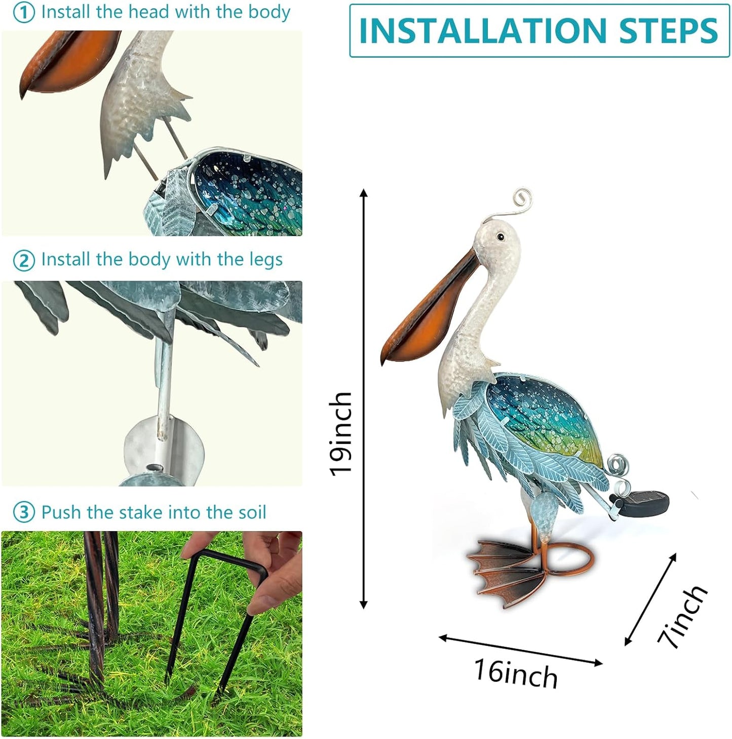 HONGLAND Solar Metal Pelican Statues Garden Sculpture & Statues, 19 Inch Glass Outdoor Pelican Yard Art Coastal Ocean Bird Decor Lawn Ornament for Backyard Porch Patio Decor（Blue-Green）