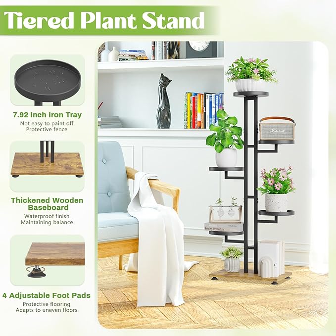 iDavosic.ly 6 Tier Plant Stand Indoor Outdoor, Tiered Corner Multiple Flower Pot Holder Shelf, Metal 40 Inch Tall Display Rack for Patio Porch Living Room Garden Balcony Bedroom, Black