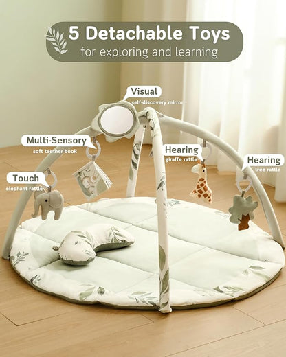 Fortella Baby Play Gym & Activity Mat, Tummy Time Mat w 5 Detachable Toys and Pillow, Large Sensory Playmat for Floor, Newborn Infant Baby Essentials Shower Gift 0-3-6-9-12 Months (Sage Green)