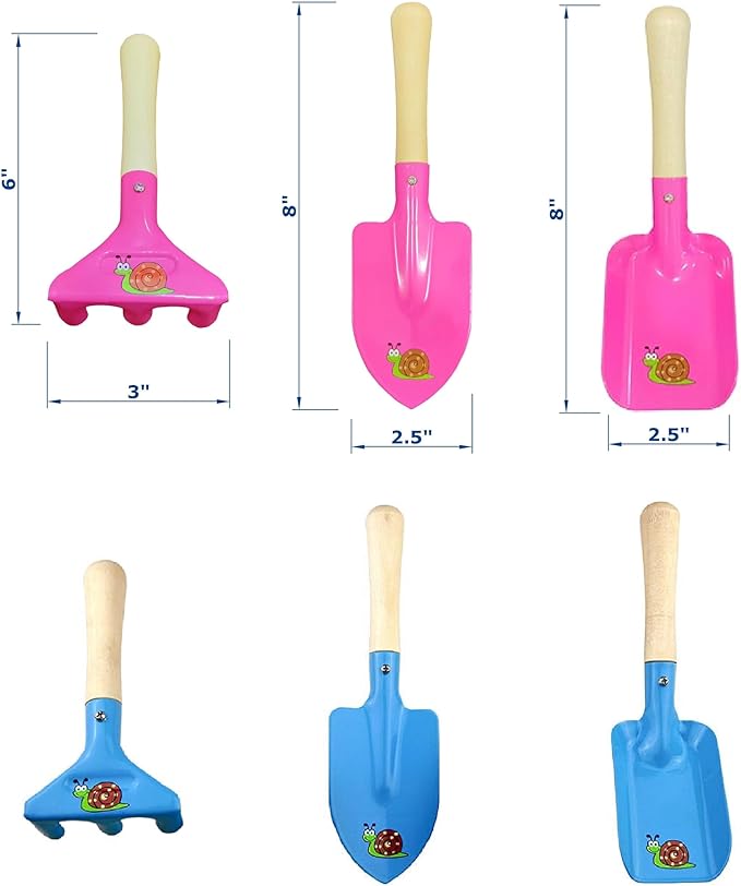 Kids Gardening Set Wooden Handle, 6 Piece (Pink+Blue), Kids Beach Shovel Set, Sandbox Play Toy and Garden Hand Tool