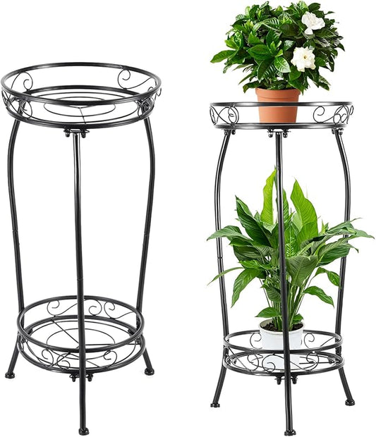 Plant Stand Indoor Outdoor，Tall Black Metal Rustproof Stable Plant Stands，2 Tier 27.1 inch (2PS-Iron)