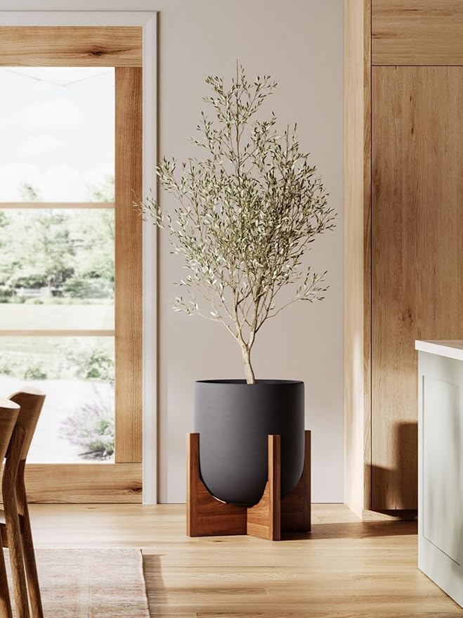 LE TAUCI 12 Inch Pots for Plants with Acacia Wood Stand, Ceramic Large Planters for Indoor Plants, Indoor Plant Pots for Office Living Room, Pots for Plants with Drainage Hole and Plug, Charcoal Gray