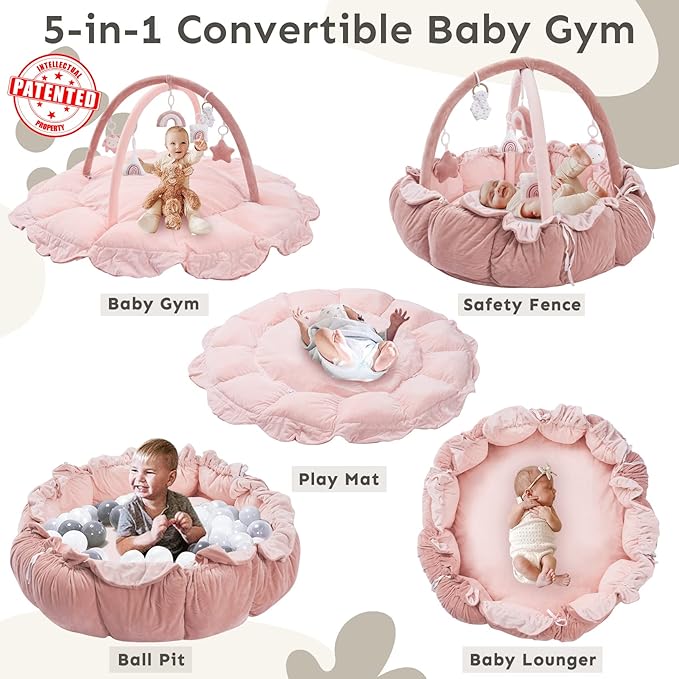 5-in-1 Thick & Plush Baby Play Gym, Baby Play Mats for Floor, Tummy Time Mat with 6 Toys, Cat Bed Dog Bed, Convertible Stage-Based Developmental from Babies to Toddlers, Ball Pit, Pet Cushion Cloudico
