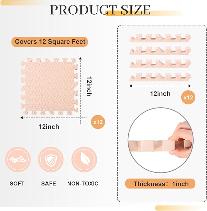 12 Tiles 12x12x1 Inch EVA Thick Interlocking Foam Floor Tiles Puzzle Exercise Mat Play Foam Mats for Boys Girls Baby Pets Home Classroom Nursery Gym(Beige)