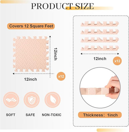 12 Tiles 12x12x1 Inch EVA Thick Interlocking Foam Floor Tiles Puzzle Exercise Mat Play Foam Mats for Boys Girls Baby Pets Home Classroom Nursery Gym(Beige)