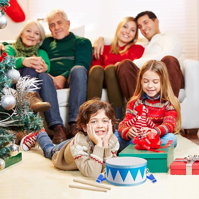 Kids Drum Set 8 Inch Wooden Toy Drum with Adjustable Strap 2 Drumsticks Educational Sensory Musical Instrument Toy Set for Toddlers Kid Baby Boys Girls Gift(Blue Triangle Style)