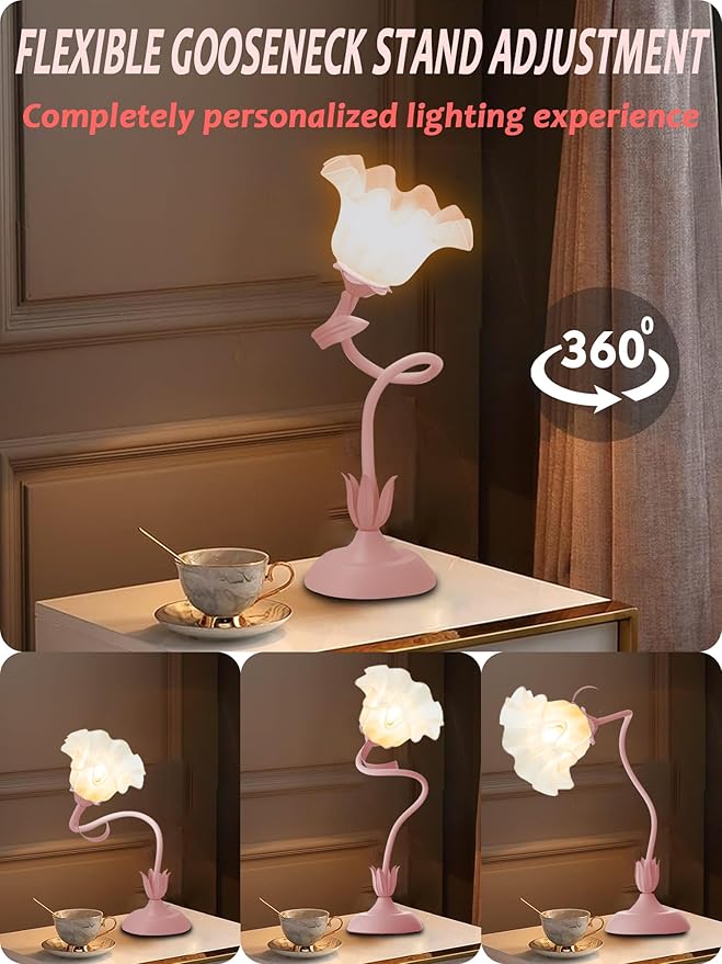 Flower Table Lamp,LED Reading Light Bedside Vintage Flower Night Light,3 Colors Modes Kawaii Bedside Lamps Decor,Living Room Bedroom Room Lighting Table Lamps Home Decoration (Pink)