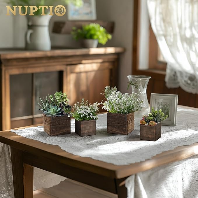 NUPTIO Wooden Box for Centerpiece Wedding: 6 Pcs Rustic Square Planter Box for Christmas Centerpiece Table Fall Decorations - 4×4" & 5×5" Small Wood Vases Flower Pots for Windowsill Home Garden Decor