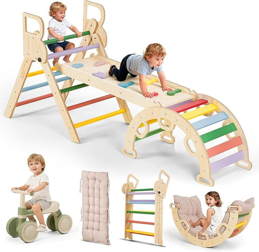 HEIGHT 9-in-1 Pikler Triangle Climber Set with Balance Car & Play Mat – Foldable Wooden Montessori Baby Climbing Toys with Slide, Arch & Ramp, Indoor Jungle Gym for Toddlers