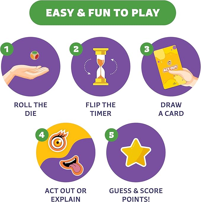 Epic Charades Game for Kids Ages 6+ – 200 Act Out & Explain Cards with Illustrations & Timer – Fun Educational Game for Family, Party, Classroom & Travel