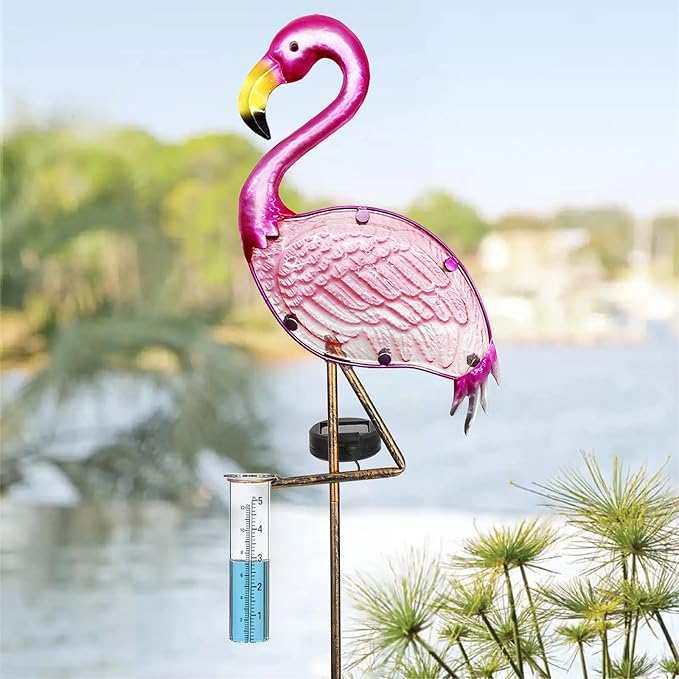 Flamingo Rain Gauge Solar Stake Outdoor, 43’’ Solar Rain Gauge LED Lights with Rainfall Gauge for Garden, Yard, Lawn, Pathway, Patio