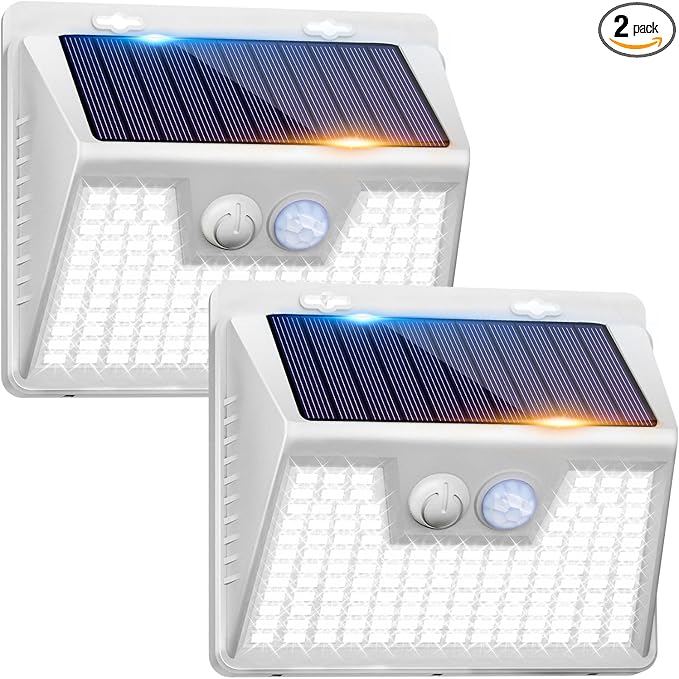 Peasur Solar Powered Lights Outdoor Motion Sensor, 2 Pack 140 LED Fence Light Waterproof, White Frame Security Wall Lighting for Outside Deck Yard Patio House Step