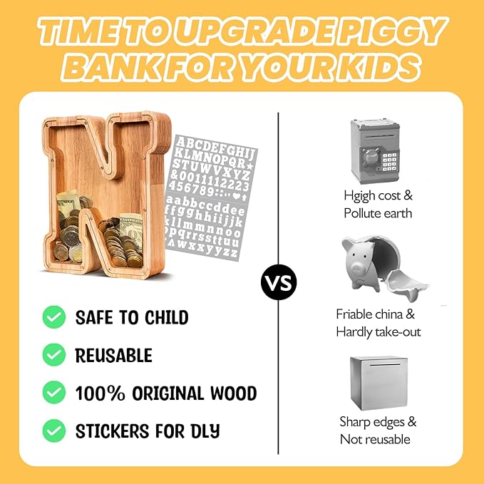 KMC Wooden Letter Piggy Bank, Personalized Initial Piggy Bank for Kids Boys, Clear Alphabet N Wood Money Box, Unbreakable Coin Saving Jar, Birthday, for Children