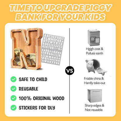KMC Wooden Letter Piggy Bank, Personalized Initial Piggy Bank for Kids Boys, Clear Alphabet N Wood Money Box, Unbreakable Coin Saving Jar, Birthday, for Children