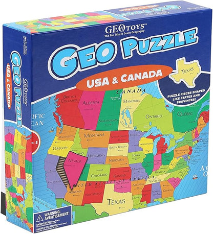 GeoToys GeoPuzzle, USA & Canada Shaped Jigsaw Puzzles, 69 Pc Geography Puzzle, Geography Game, Map Puzzle - Jigsaw Puzzles for Kids Ages 6-9 Years Old