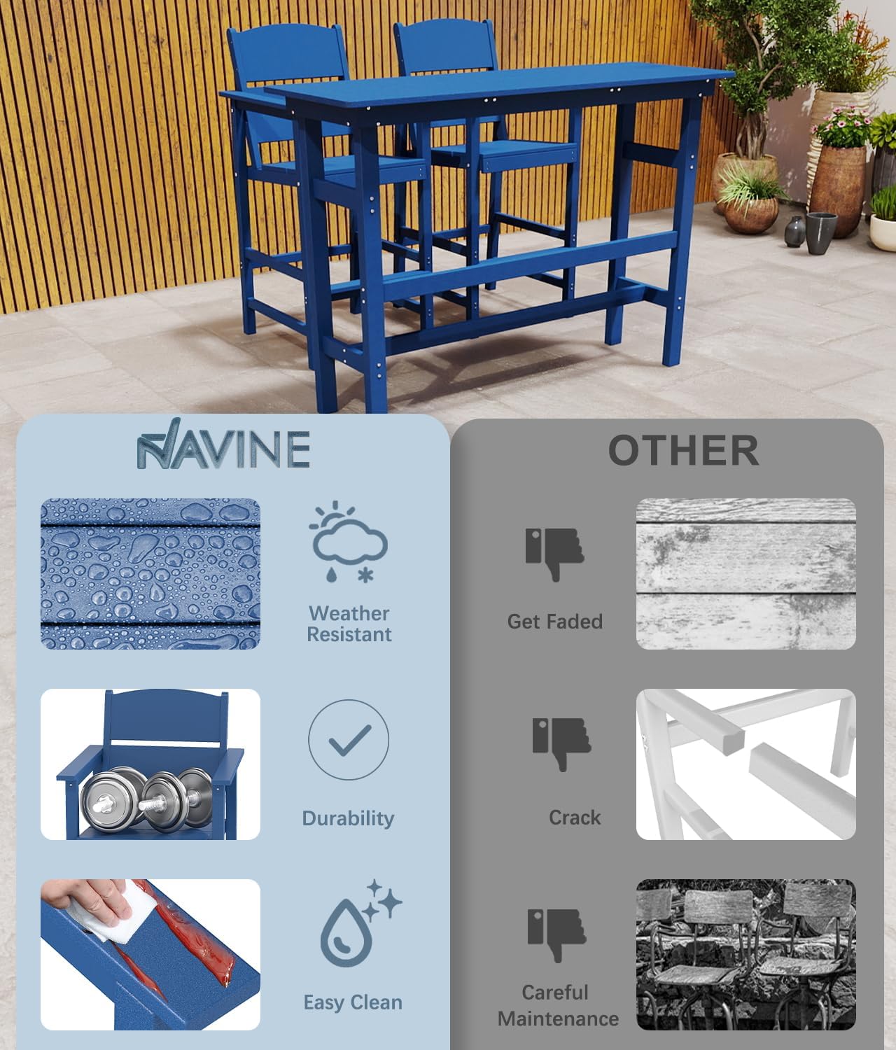 Bar Height Patio Table and Chairs Set, HDPE Outdoor Adirondack Bar Chairs and Table, All-Weather Patio Furniture for Poolside, Backyard, Garden, High Top Patio Bar Set (Navy Blue, 3-Piece)