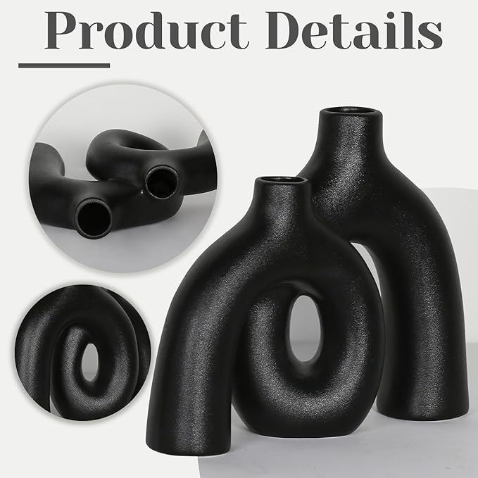 CEMABT Modern Nordic Boho Vase Set - Elegant Black Matte Ceramic Home Decor for Living Room, Bookshelf, Mantel, Entryway Table & Console Décor | Shelf Decorations Gift
