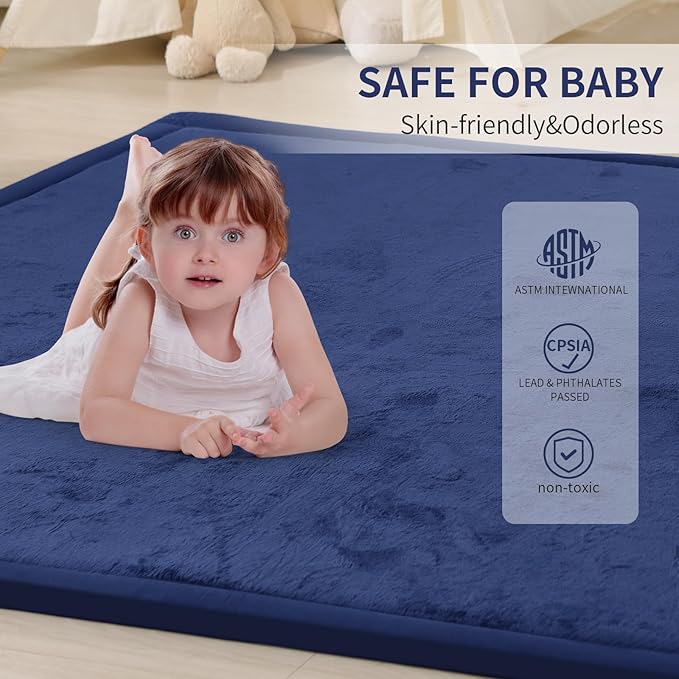 ACOMOPACK Baby Play Mat for Floor 1.3" Thick Memory Foam Play Mat 71"×79" Tummy Time Crawling with Non-Slip Bottom for Living Room,Nursery,Soft Velvet Playpen Mats for Kids,Infants（Royal Blue）