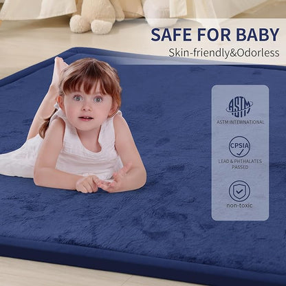 ACOMOPACK Baby Play Mat for Floor 1.3" Thick Memory Foam Play Mat 71"×79" Tummy Time Crawling with Non-Slip Bottom for Living Room,Nursery,Soft Velvet Playpen Mats for Kids,Infants（Royal Blue）