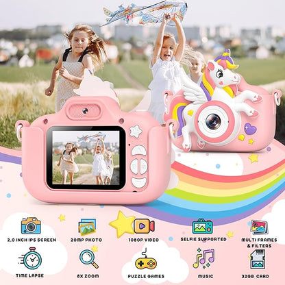 Kids Camera Toys Digital Camera for Girls Boys, Christmas Birthday Gifts for Kids Age 3-12, Selfie 1080P HD Video Digital Camera for 3 4 5 6 7 8 9 10 Year Old Girls with 32GB TF Card