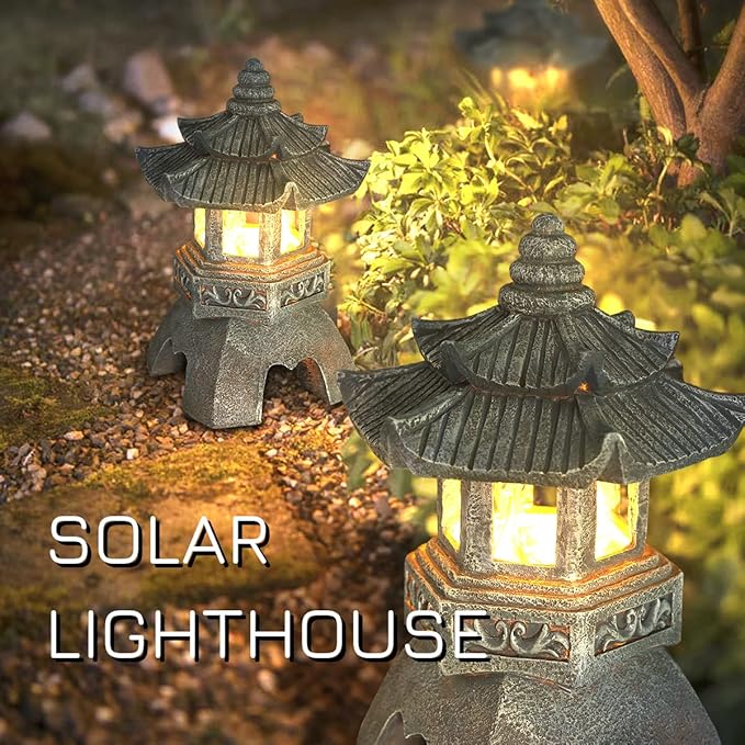 Zen Solar Pagoda Lantern Garden Statue, Indoor/Outdoor Zen Asian Decor for Landscape Balcony, Garden, Patio, Porch Yard Art Ornament