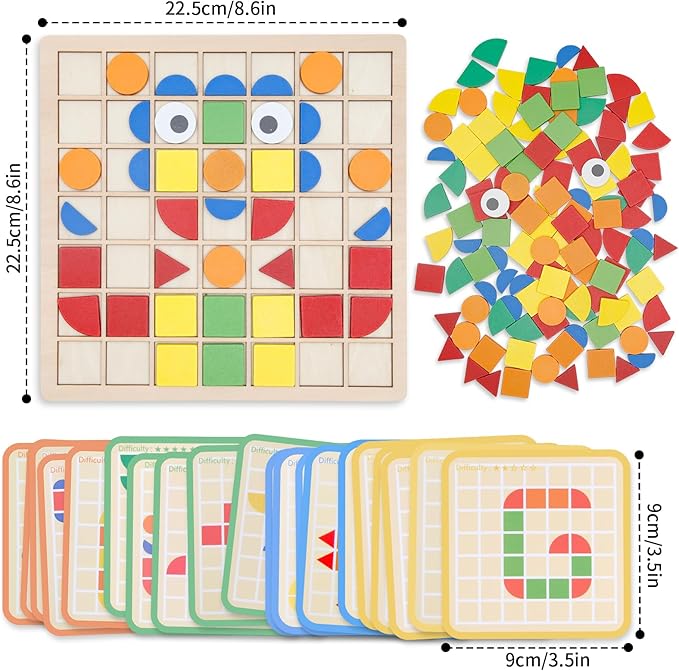 Montessori Tangram Educational, Geometric Shapes Puzzle Toys with 120Pcs Wooden Puzzle Blocks and 20Pcs Cards, Colorful Pattern Montessori Children's Educational Gifts for Kids Ages 3 and Up