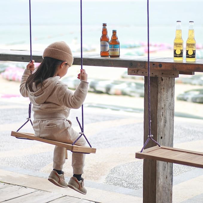 Teak Wooden Swing, Outdoor Wood Tree Swing Seat for Kids or Adults for Backyard Columpio, Height Adjustable (23.8x9inch)