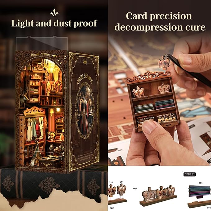 ISSEVE Book Nook Kit, DIY 3D Wooden Puzzle Dollhouse Booknook for Adults, Tiny Miniature House Kit Bookshelf Decor with LED Light and Dust Cover, Gifts for Family and Friends (Royal Seamer)