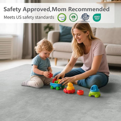 Baby Play Mat for Floor,1.3" Thick Elasti-Foam 50"×74" Playpen Mat for Tummy Time,Water Repellent Soft Coral Velvet for Toddler,Infant,Kids,Non-Slip Backing Safe for Crawling(Light Grey)