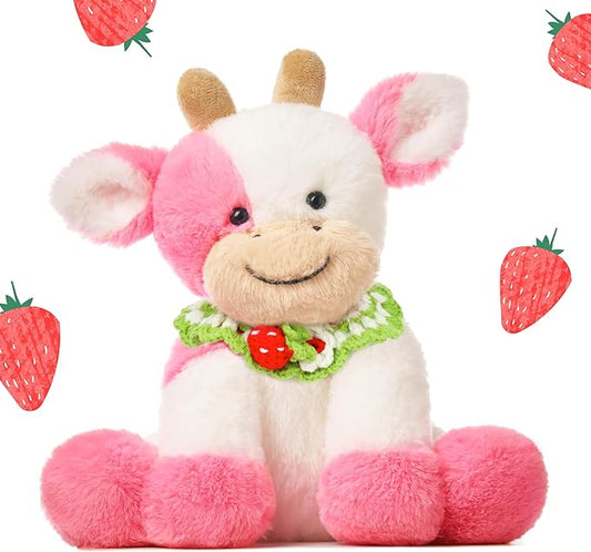 Hopearl Adorable Plush Cow Toy with Knitted Cute Strawberry Bib Floppy Dairy Cattle Soft Stuffed Animal Gifts for Boys Girls Kids Toddlers, Pink, 9''