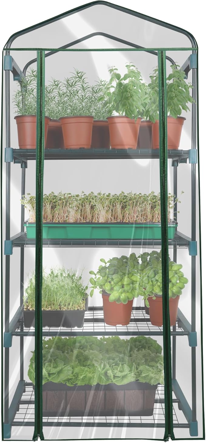 KOL 4-Tier Mini Greenhouse - PVC Clear Cover & Steel Frame - Portable Small Green House for Indoor & Outdoor Use - Grow Plants, Seedlings, Herbs