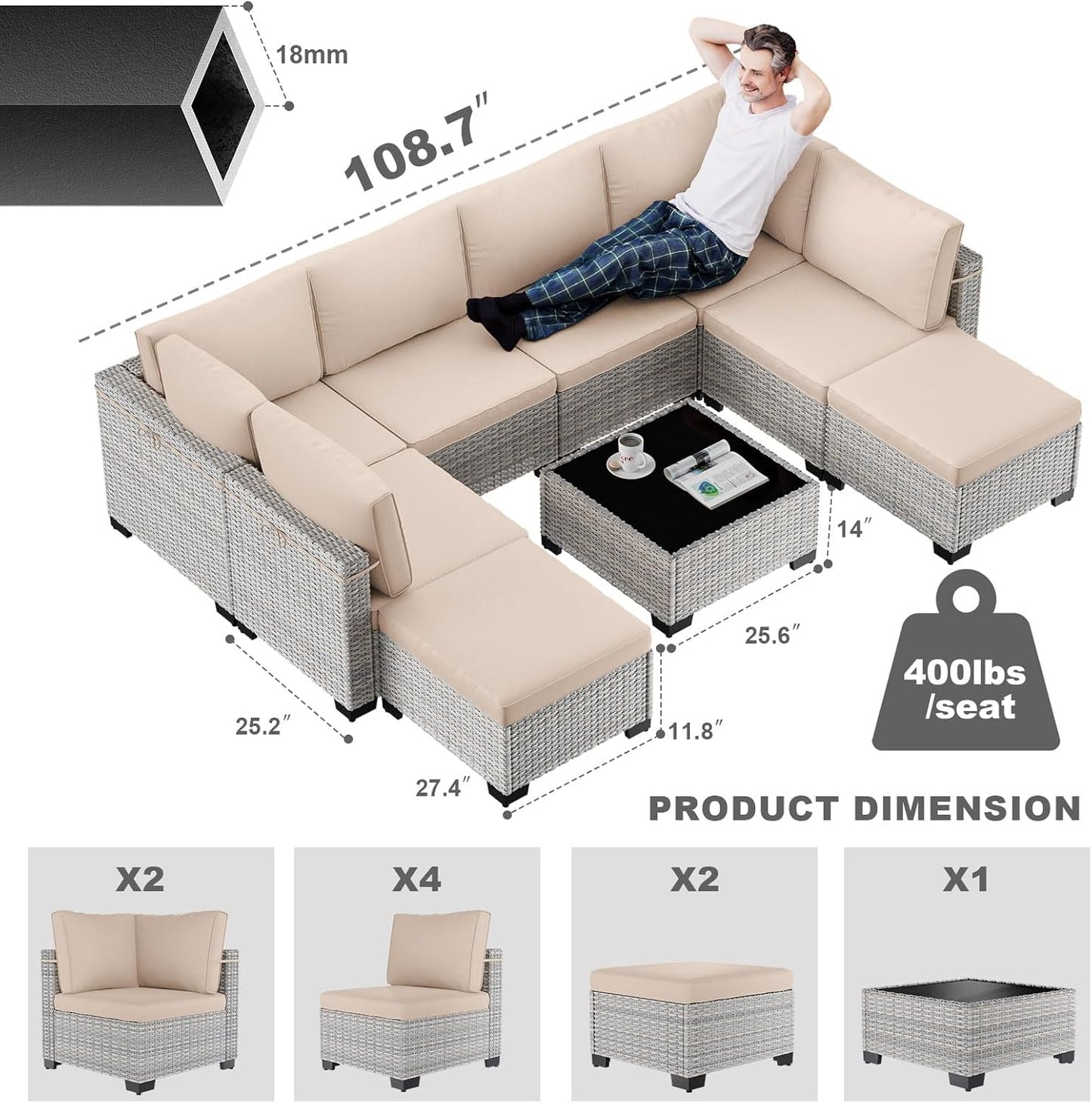 9-Piece Patio Furniture Set, Outdoor with Ottomans, Modular Patio Sofa, Dual-Strand Wicker Rattan, Rust-Resistant Frame, Backyard Furniture for Garden, Deck, Sand