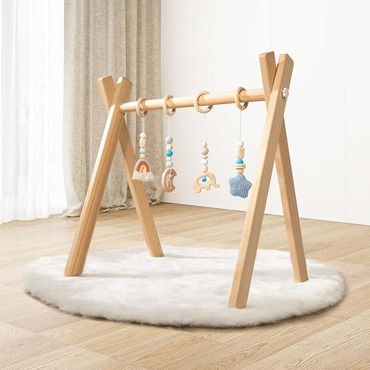 Wooden Baby Play Gym with Activity Mat, Foldable Baby Gym Frame with Hanging Sensory Toys for Newborn Baby