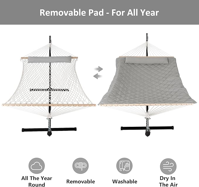 ANOW Double Rope Hammock with Stand 12FT, Heavy Duty Hammock with Polyester Pillow and Pad, 450 LBS Weight Capacity, Light Grey