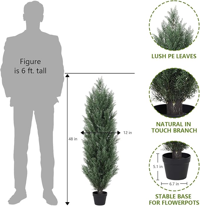 THE BLOOM TIMES 4ft Topiary Trees Artificial Outdoor 2 Pack – UV Resistant Faux Cedar Pine Cypress Bushes and Shrubs, Fake Potted Plants for Front Porch Outside Planter Patio Decor, Set of 2 (4 Foot)