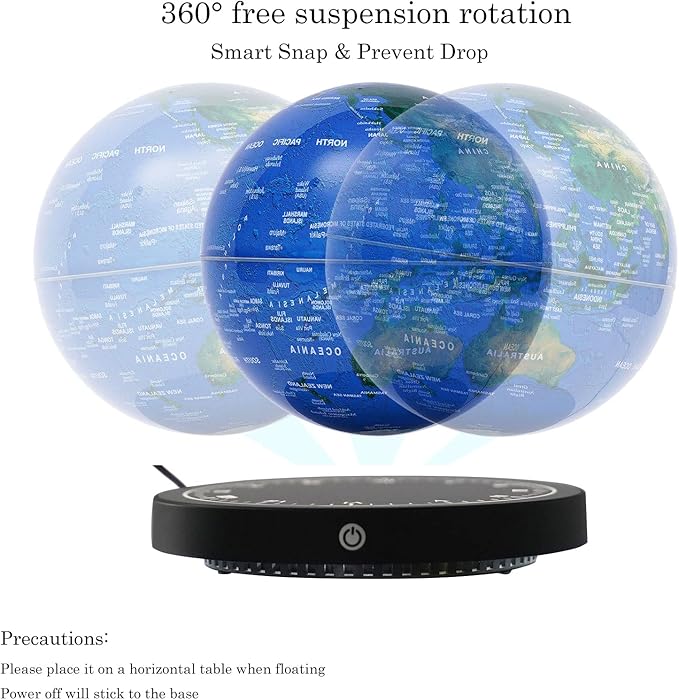 6" Magnetic Levitating Globe, 360°Rotating Geographic Globes Levitating Globes with LED Light Floating Magnetic Levitation Floating Globe for Desk Home Office Classroom Decor(Blue+Black/Style A)